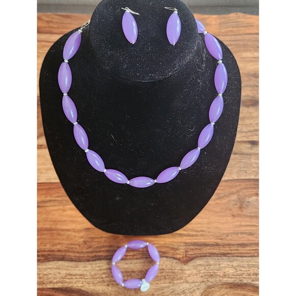 Lavender Jade Purple Gemstone Sterling Silver Signed GSJ Necklace Earrings Set 3 - Picture 6 of 7